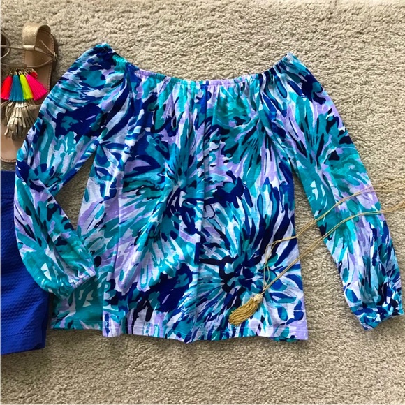 Lilly Pulitzer Enna Off The Shoulder Knit Top in Capri Teal Off Tropic - Picture 7 of 7